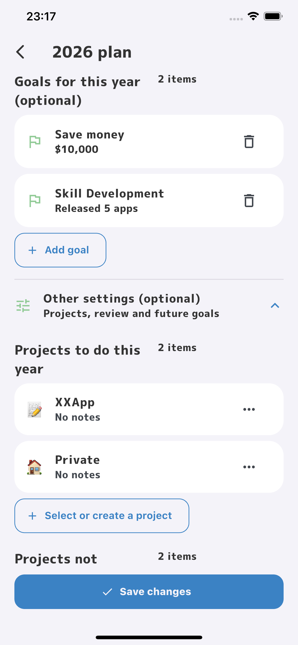 Project settings screen