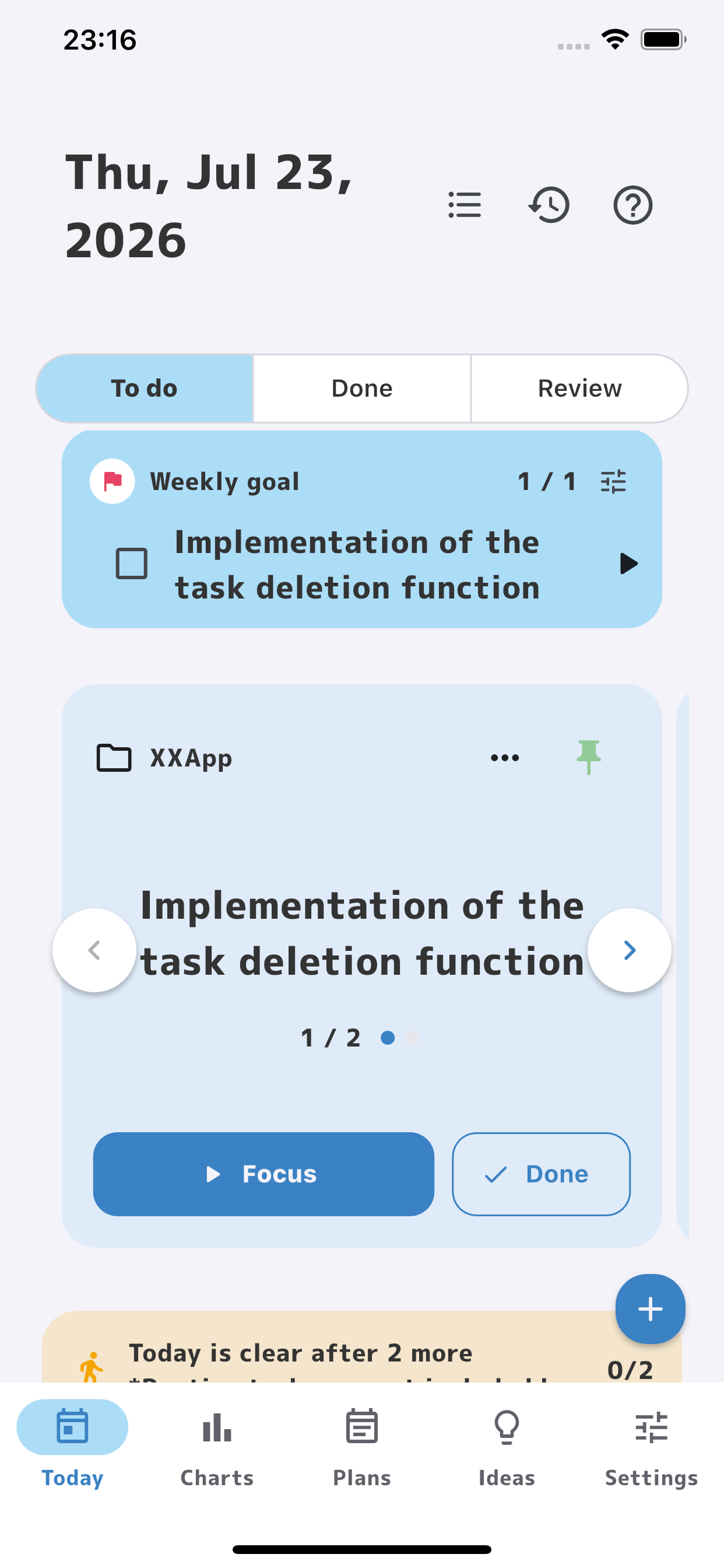 PiyoMemo screen showing only this week’s goal and today’s tasks
